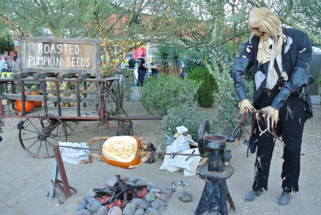A scarecrow figure is mock roasting a pumpkin head over a campfire beside a cart with a sign that reads "Roasted Pumpkin Seeds." The scene is set outdoors, surrounded by pumpkins and people visible in the background.