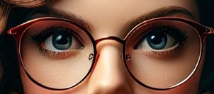 Close-up view of a person wearing round, red-framed glasses, focusing on their bright blue eyes with well-defined eyelashes, exuding an air of confidence that silently declares, "I AM somebody.