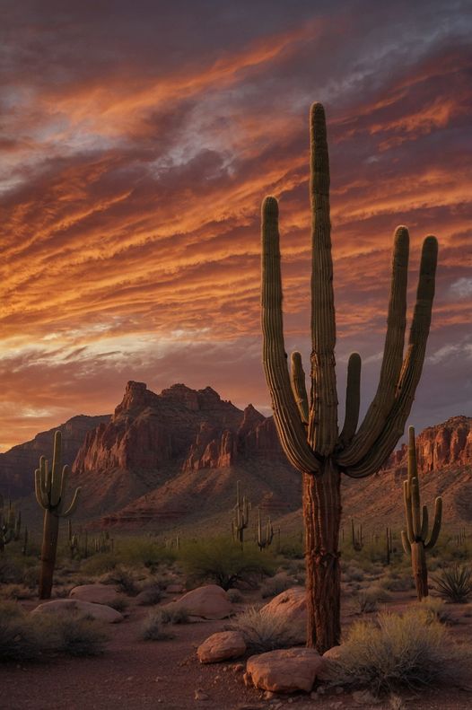 Tall cacti stand in a desert landscape with rugged mountains in the background, under a dramatic sunset sky filled with streaks of orange and red clouds, as if the day has been swallowed by the vibrant hues.