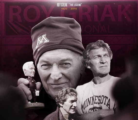 Collage of an older man wearing a hat, holding a small statue, with three other images of the same Gopher legend at different ages. Background reads "Roy Griak National.