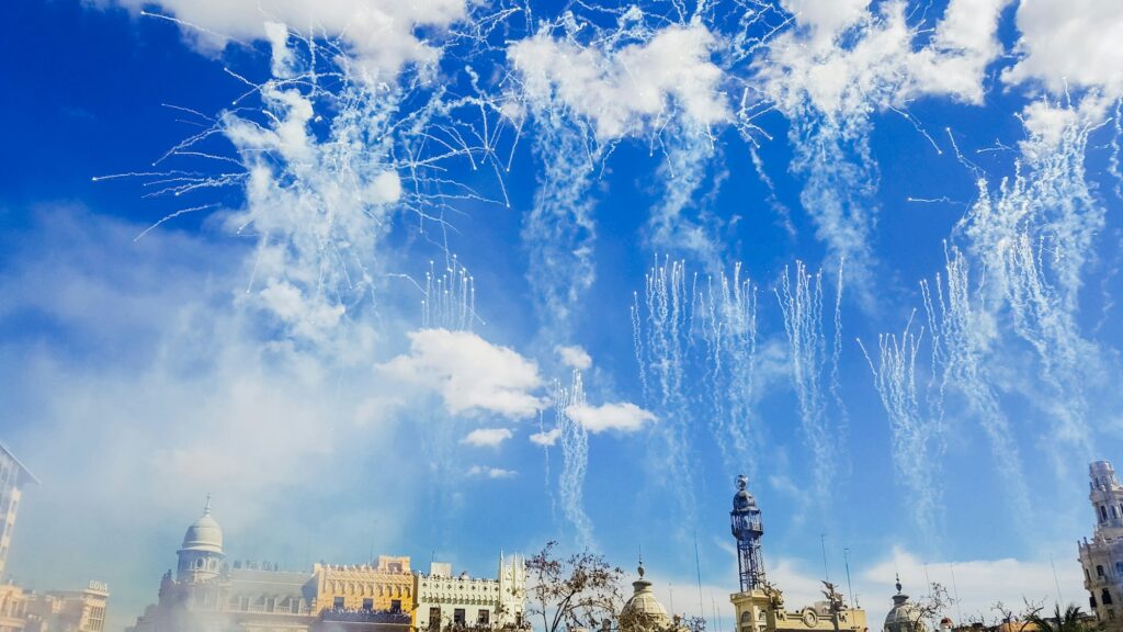 Fireworks fired in a Mascleta Fallas during the day.