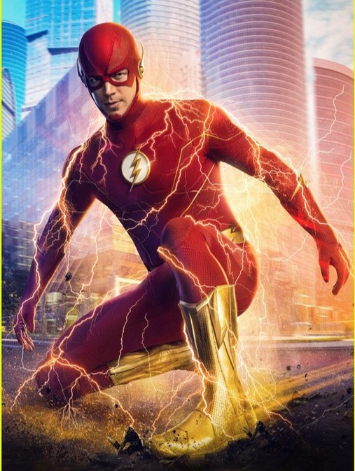 A superhero in a red suit with a lightning bolt emblem crouches dramatically, surrounded by electric sparks, against a cityscape backdrop.