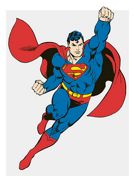Illustration of a superhero using their superpower to soar through the sky, clad in a blue costume and red boots, with a vibrant red cape flowing behind and one arm extended forward.