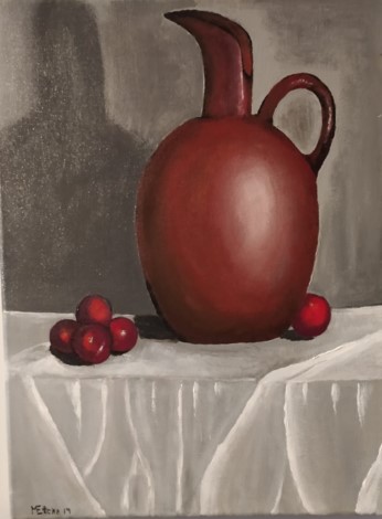 A brown jug and several red apples are arranged on a white draped surface, with a gray background that resembles the calm before dreaming under a shining star.