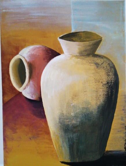Painting of two vases, one tall and upright in beige and another smaller, lying on its side in pink. The background, like a dreaming canvas, blends warm yellow and cool blue tones, capturing the essence of a shining star softly illuminating its vibrant surroundings.