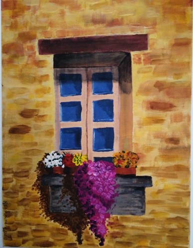 Painting of a window with blue shutters on a yellow brick wall, where potted flowers adorn the sill and a cascade of pink blossoms dreams under sunlight like a shining star.