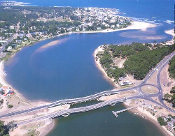 Aerial view of a coastal town with a bridge crossing a river estuary, connecting roads and a roundabout near the shoreline, where Micropogonias furnieri thrives in the nearby waters.