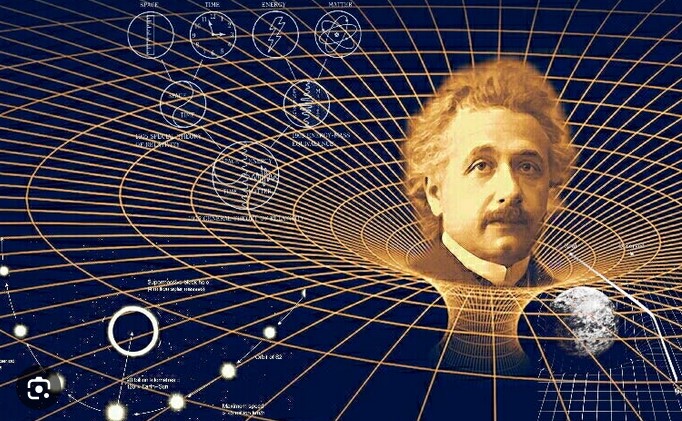 A stylized illustration of Albert Einstein's head on a warped space-time grid, featuring physics diagrams and the Earth in the background—capturing his relatively groundbreaking impact on our understanding of the universe.