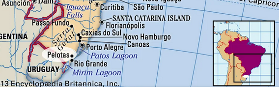 Map showing southern Brazil, including cities like Porto Alegre and Florianópolis—ideal for a class trip—with Uruguay and Argentina borders, plus an inset highlighting Brazil’s location in South America.